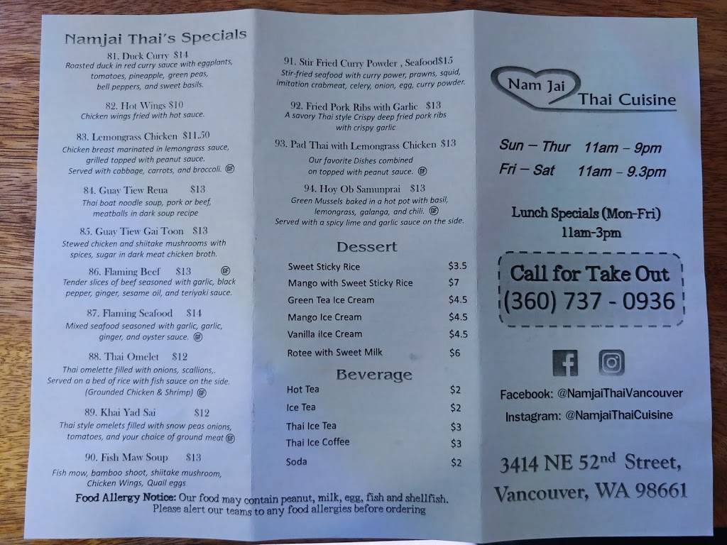 Nam Jai Thai Cuisine | restaurant | 3414 NE 52nd St, Vancouver, WA 98661, USA | 3607370936 OR +1 360-737-0936