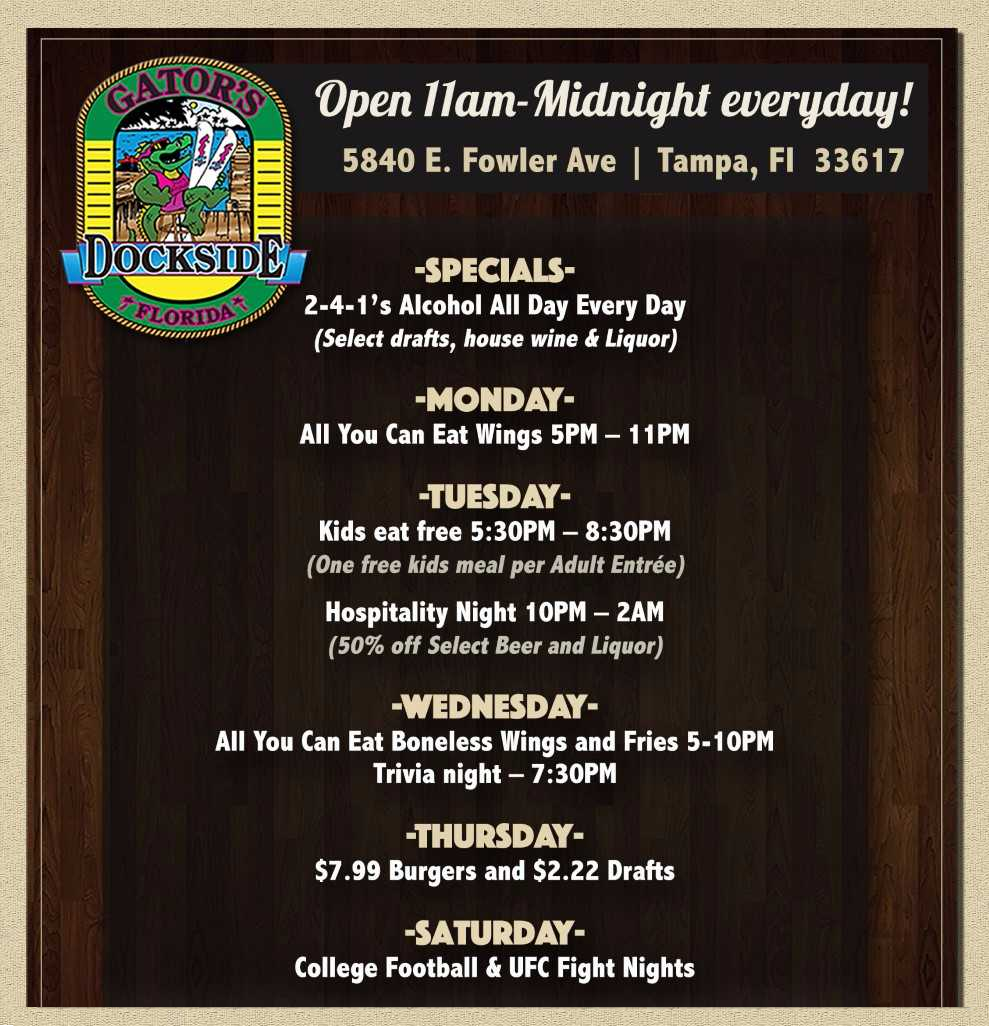 Gators Dockside Tampa | restaurant | 5840 E Fowler Ave, Temple Terrace, FL 33617, USA | 8133414445 OR +1 813-341-4445