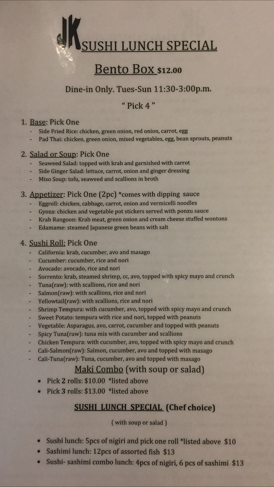 Jk Thai & Sushi | restaurant | 116 E 5th Ave, Mt Dora, FL 32757, USA | 3523854700 OR +1 352-385-4700