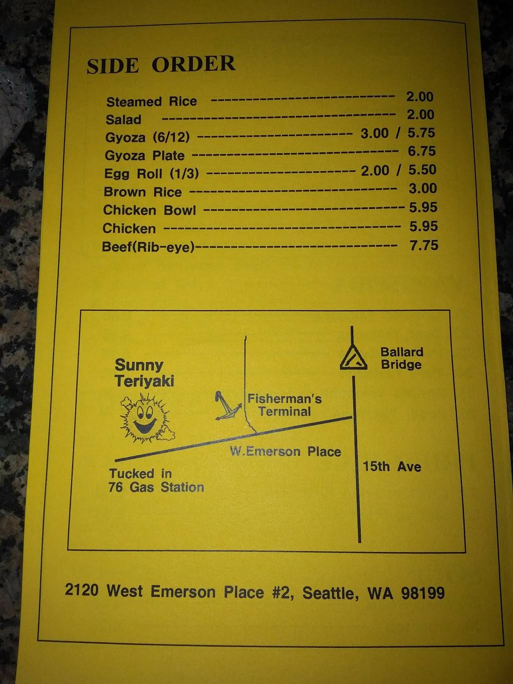 Sunny Teriyaki | restaurant | 2120 W Emerson Pl B, Seattle, WA 98199, USA | 2062819339 OR +1 206-281-9339
