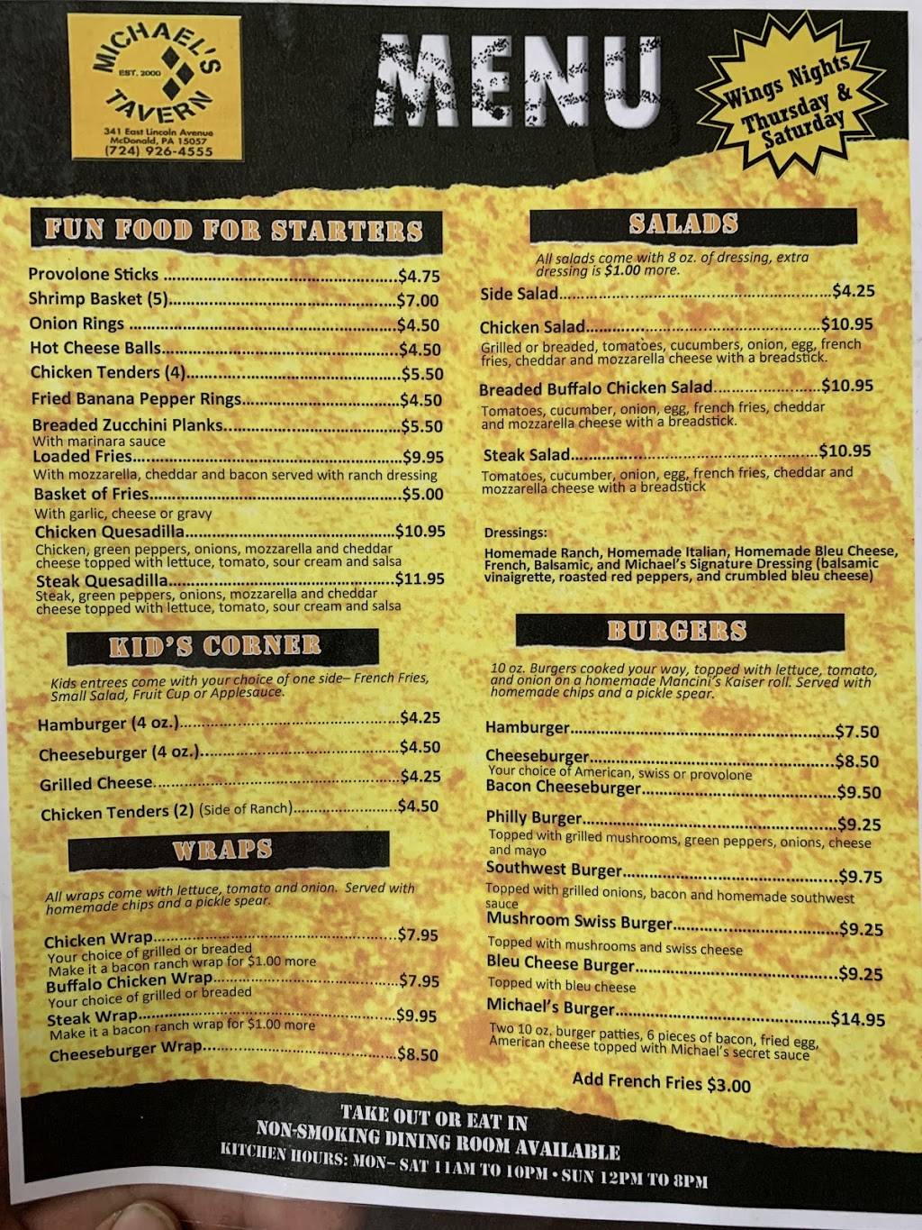 Michaels Tavern | restaurant | 341 E Lincoln Ave, McDonald, PA 15057, USA | 7249264555 OR +1 724-926-4555