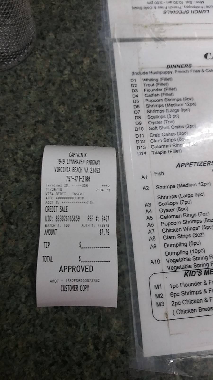 Captain K | restaurant | 1949 Lynnhaven Pkwy # 1596, Virginia Beach, VA 23453, USA | 7574712100 OR +1 757-471-2100