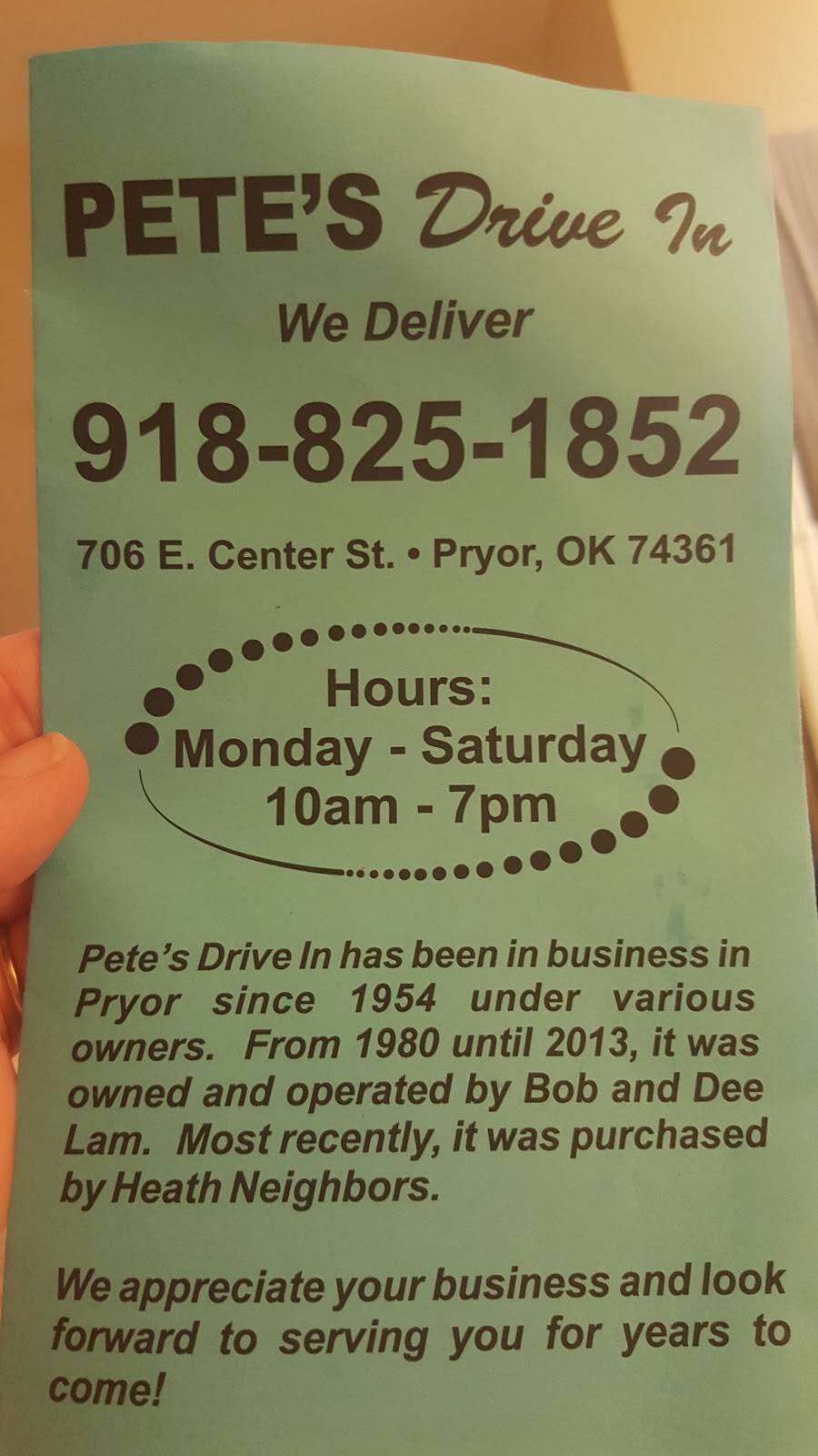 Petes Drive-In | restaurant | 706 E C St, Pryor, OK 74361, USA | 9188251852 OR +1 918-825-1852