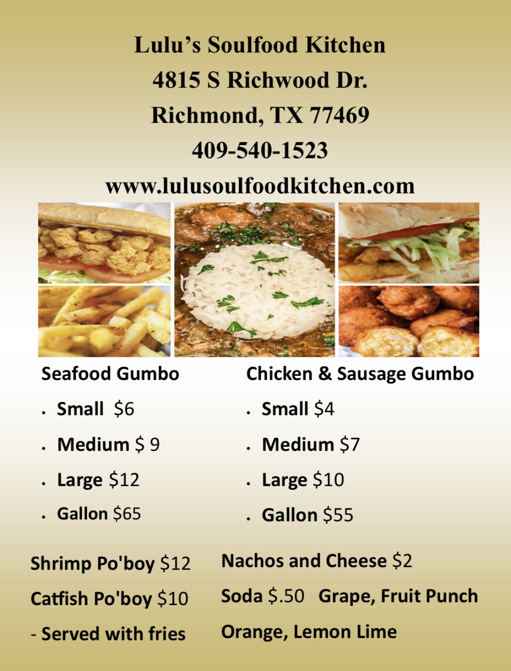 LuLu’s Soulfood Kitchen | restaurant | 4815 S Richwood Dr, Richmond, TX 77469, USA | 4095401523 OR +1 409-540-1523