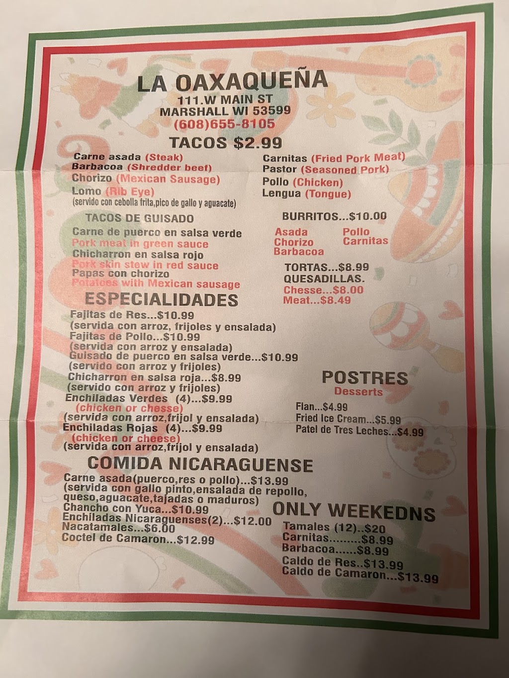 La Oaxaquena | restaurant | 111 W Main St, Marshall, WI 53559, USA | 6086558105 OR +1 608-655-8105