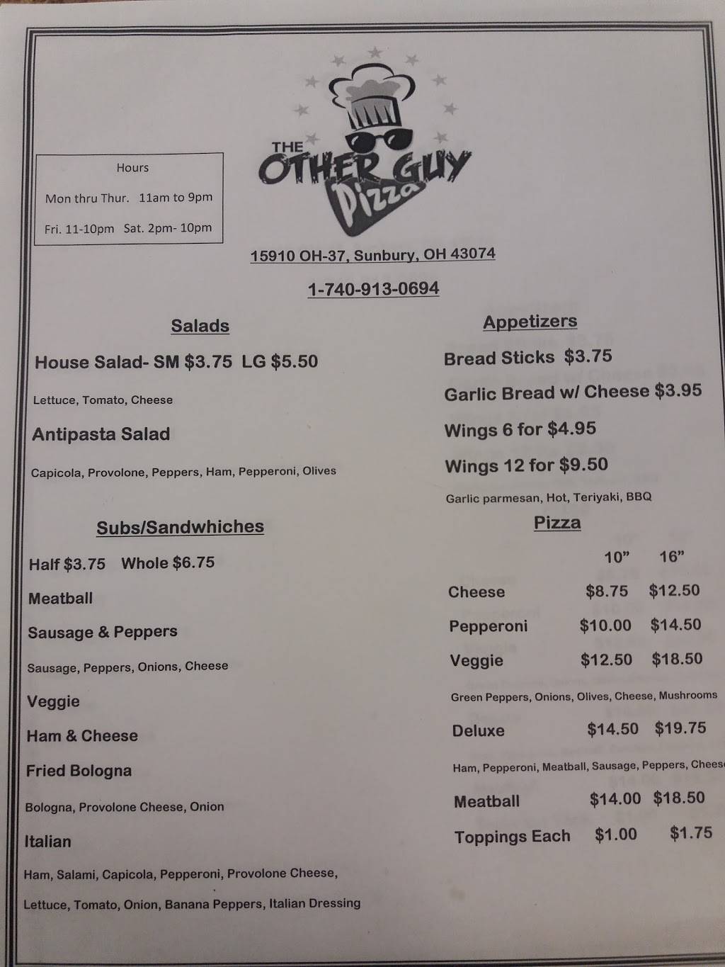 The Other Guy Pizza | restaurant | 15910 east state route 37, Sunbury, OH 43074, USA | 7409130694 OR +1 740-913-0694