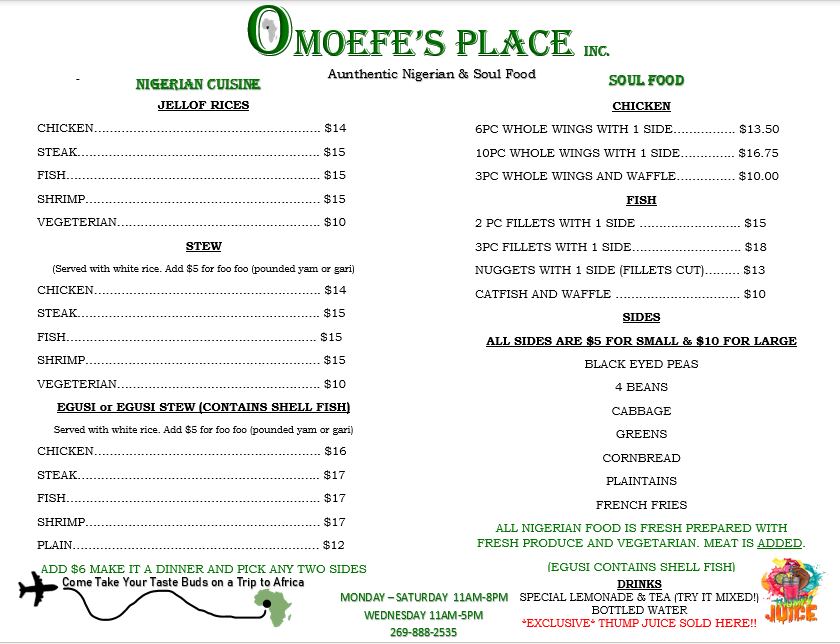 Omoefes | restaurant | 2107 E Main St, Kalamazoo, MI 49048, USA | 2698882535 OR +1 269-888-2535