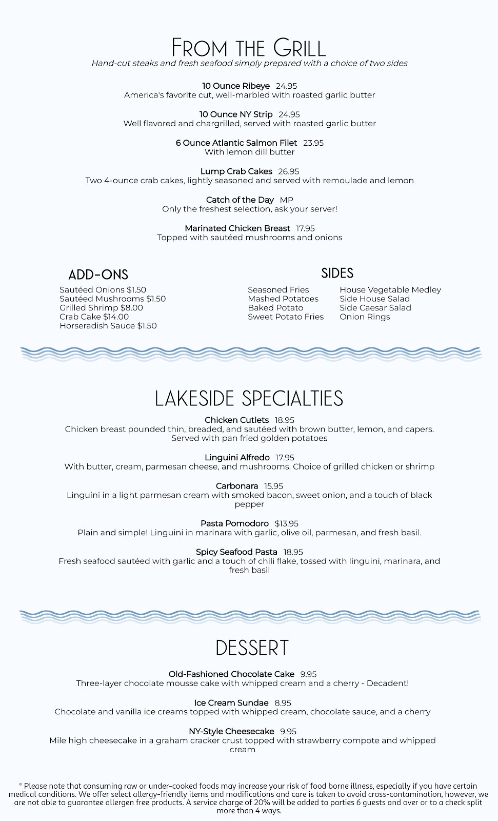 Lakeside Restaurant | restaurant | 41 Ashlawn Blvd, Palmyra, VA 22963, USA | 4345911019 OR +1 434-591-1019