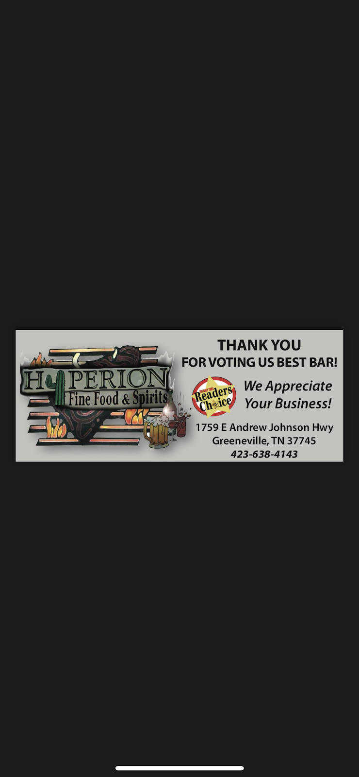 Hyperion Grill | restaurant | 1759 E Andrew Johnson Hwy, Greeneville, TN 37745, USA | 4236384143 OR +1 423-638-4143