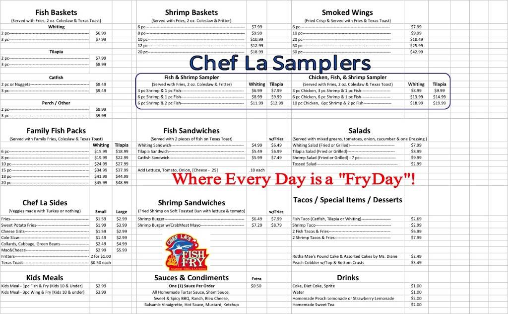 Chef Las Fish Fry Seafood Grill & Catering | meal takeaway | 4924 S Cobb Dr SE M, Smyrna, GA 30080, USA | 6782935170 OR +1 678-293-5170