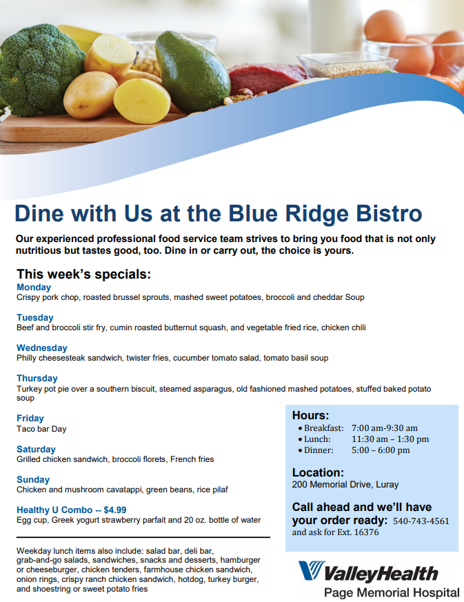 Blue Ridge Bistro at Page Memorial Hospital | restaurant | 200 Memorial Dr, Luray, VA 22835, USA | 5407434561 OR +1 540-743-4561