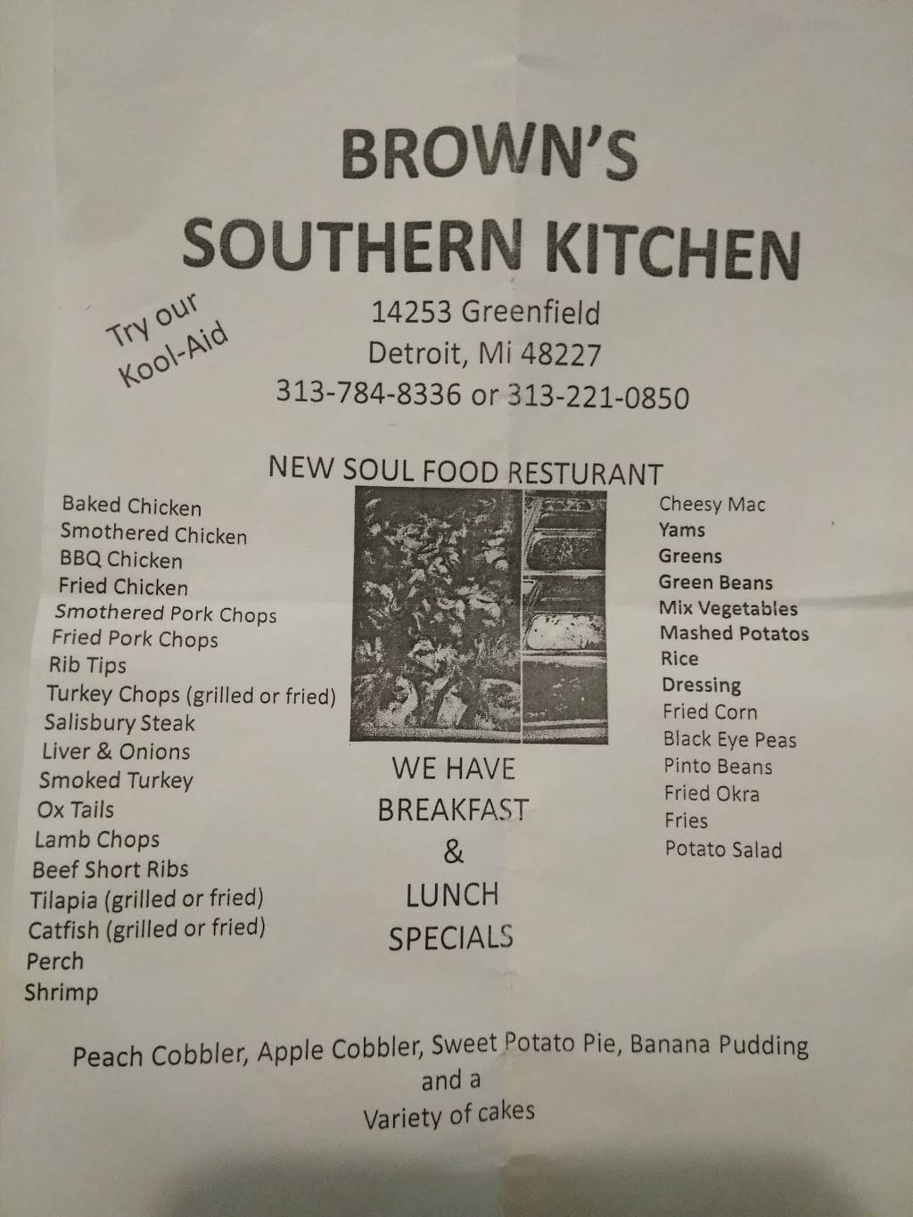 Browns Southern Kitchen | restaurant | 14253 Greenfield Rd, Detroit, MI 48227, USA | 3137848336 OR +1 313-784-8336