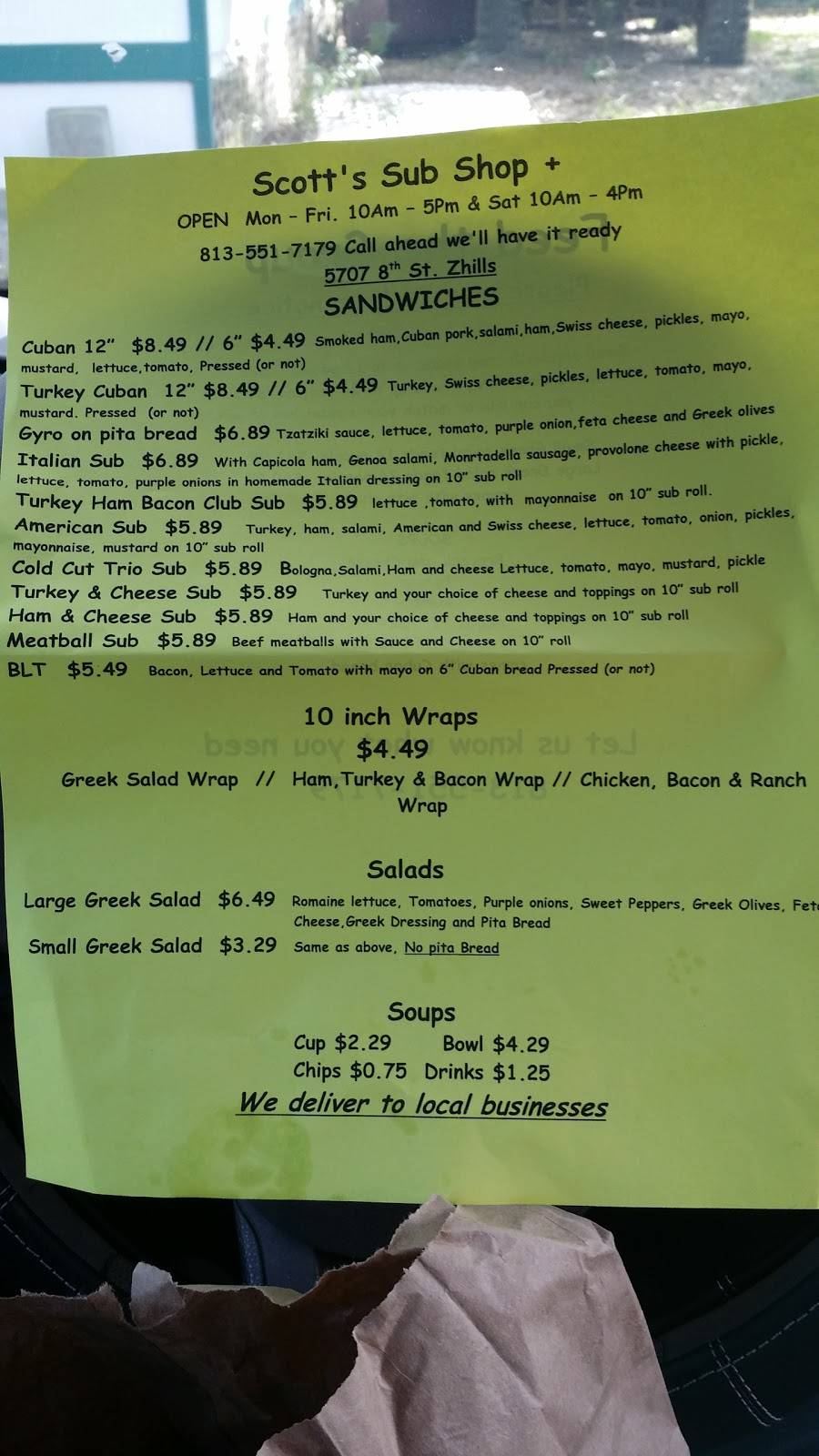 Scotts Sub Shop | restaurant | 5707 8th St, Zephyrhills, FL 33542, USA | 8135517179 OR +1 813-551-7179