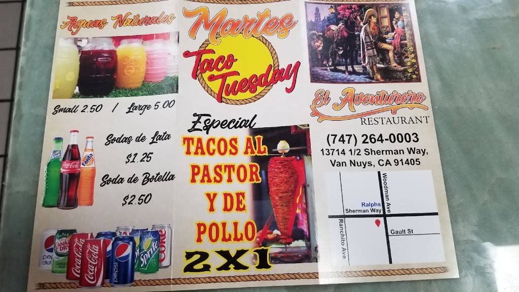 El Aventurero Restaurant | restaurant | 13714 1/2 Sherman Way, Van Nuys, CA 91405, USA | 7472640003 OR +1 747-264-0003