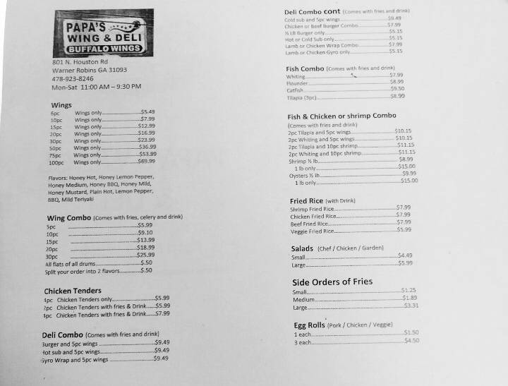 Papas Wing and Deli House | restaurant | 801 N Houston Rd, Warner Robins, GA 31093, USA | 4789238246 OR +1 478-923-8246