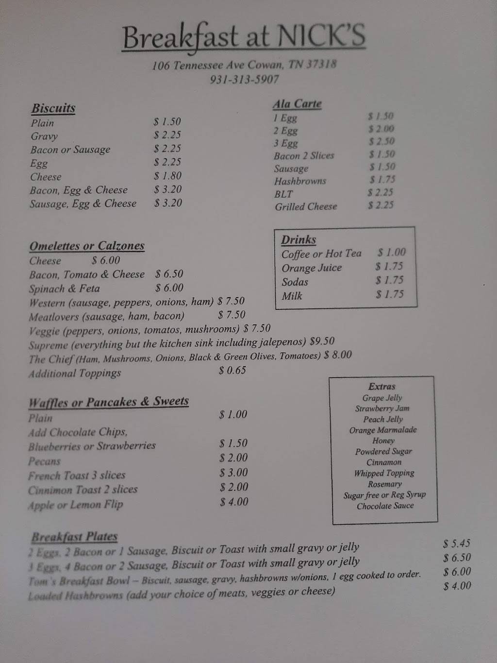 Nicks Pizza And Pasta | restaurant | 106 Tennessee Ave S, Cowan, TN 37318, USA | 9313135907 OR +1 931-313-5907