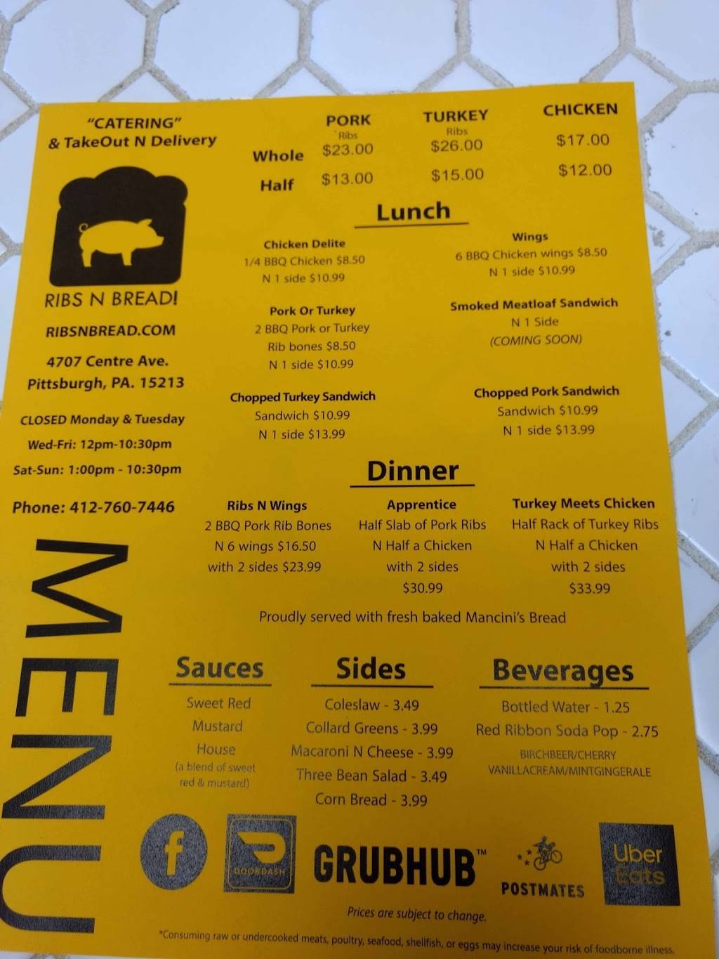 RibsNBread | meal takeaway | 4707 Centre Ave, Pittsburgh, PA 15213, USA | 4127607446 OR +1 412-760-7446