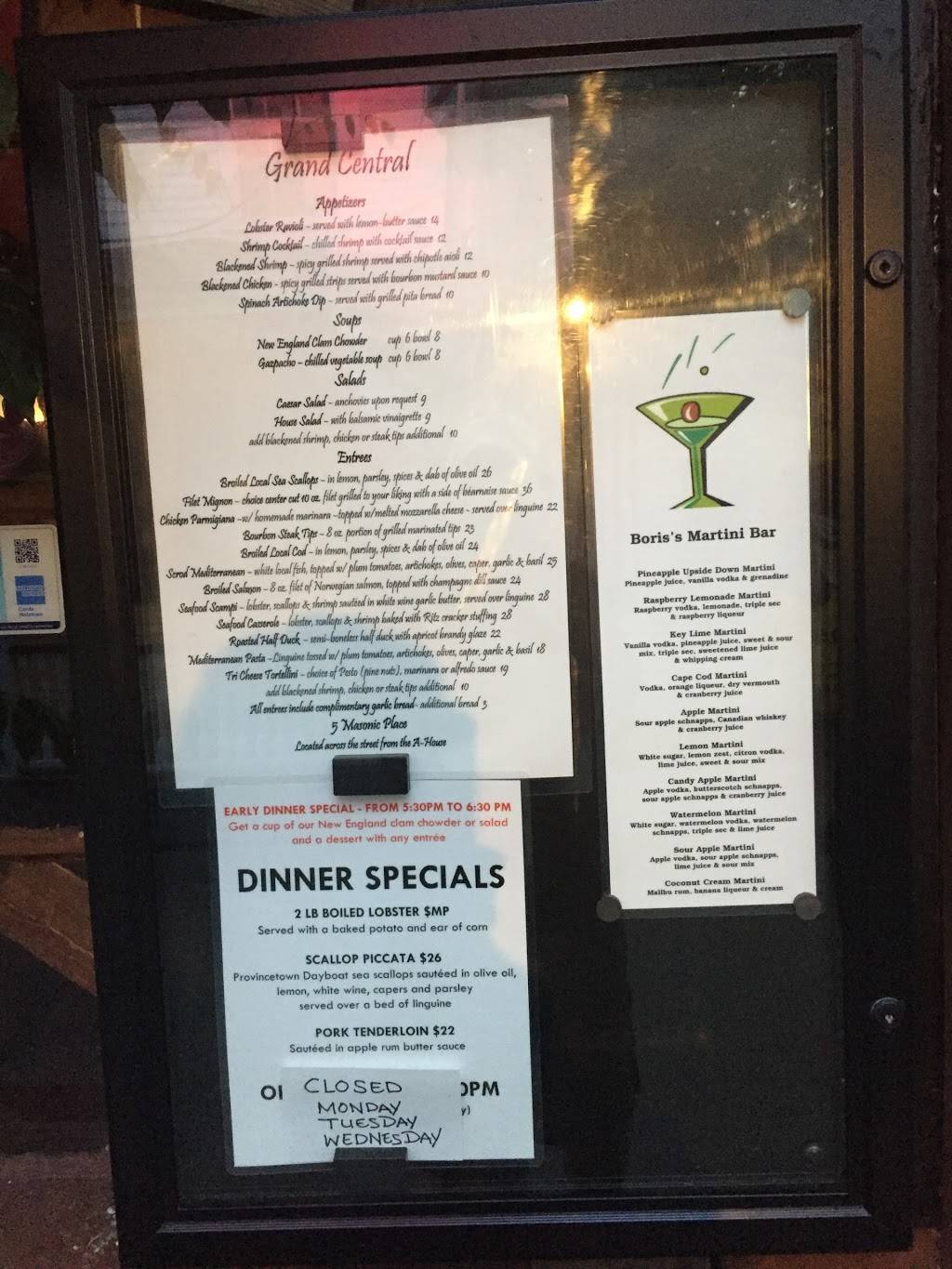 Grand Central Restaurant | restaurant | Closed Sept thru May : call first, 5 Masonic Pl, Provincetown, MA 02657, USA | 5084877599 OR +1 508-487-7599