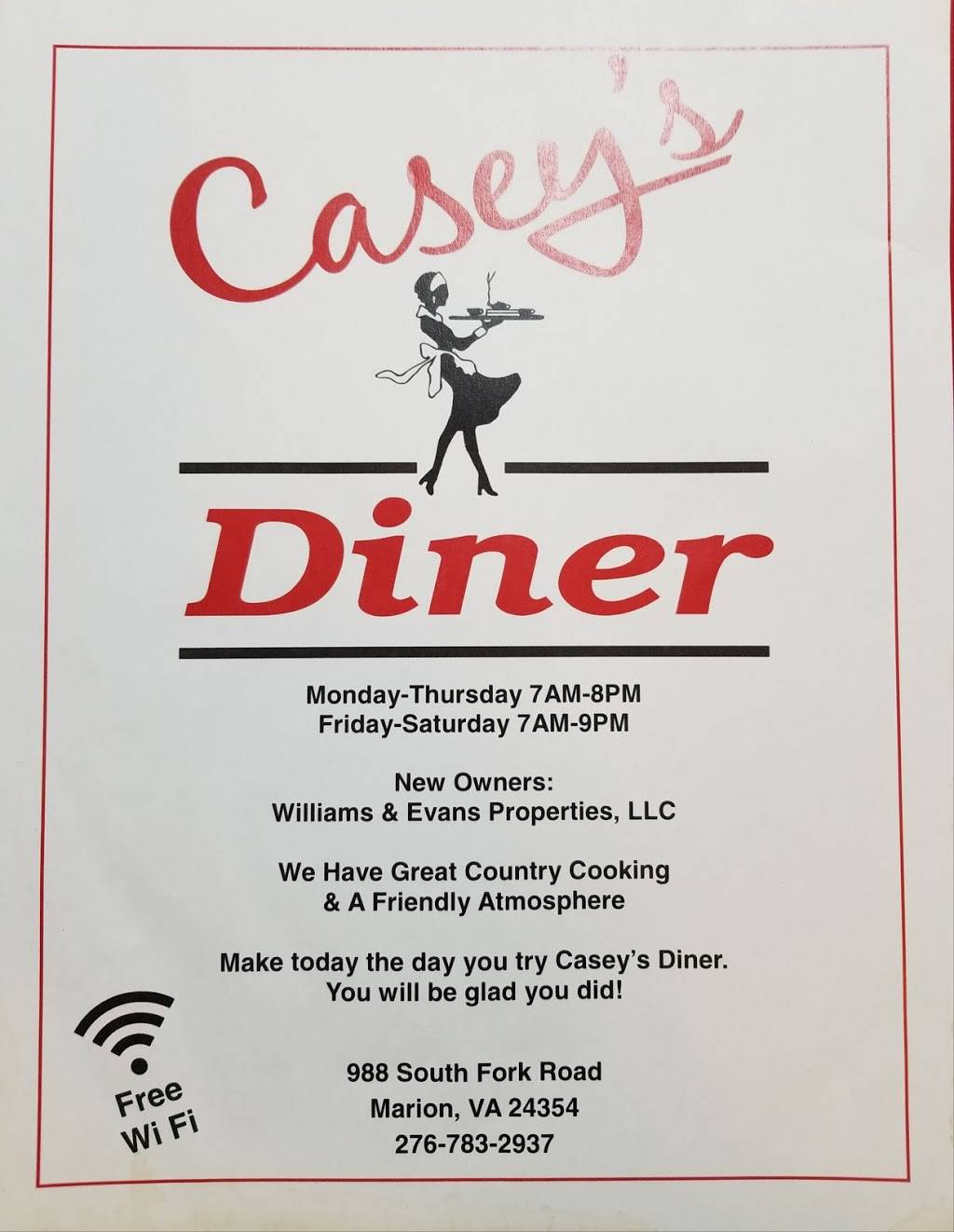 Caseys Diner | restaurant | 988 S Fork Rd, Marion, VA 24354, USA | 2767832937 OR +1 276-783-2937