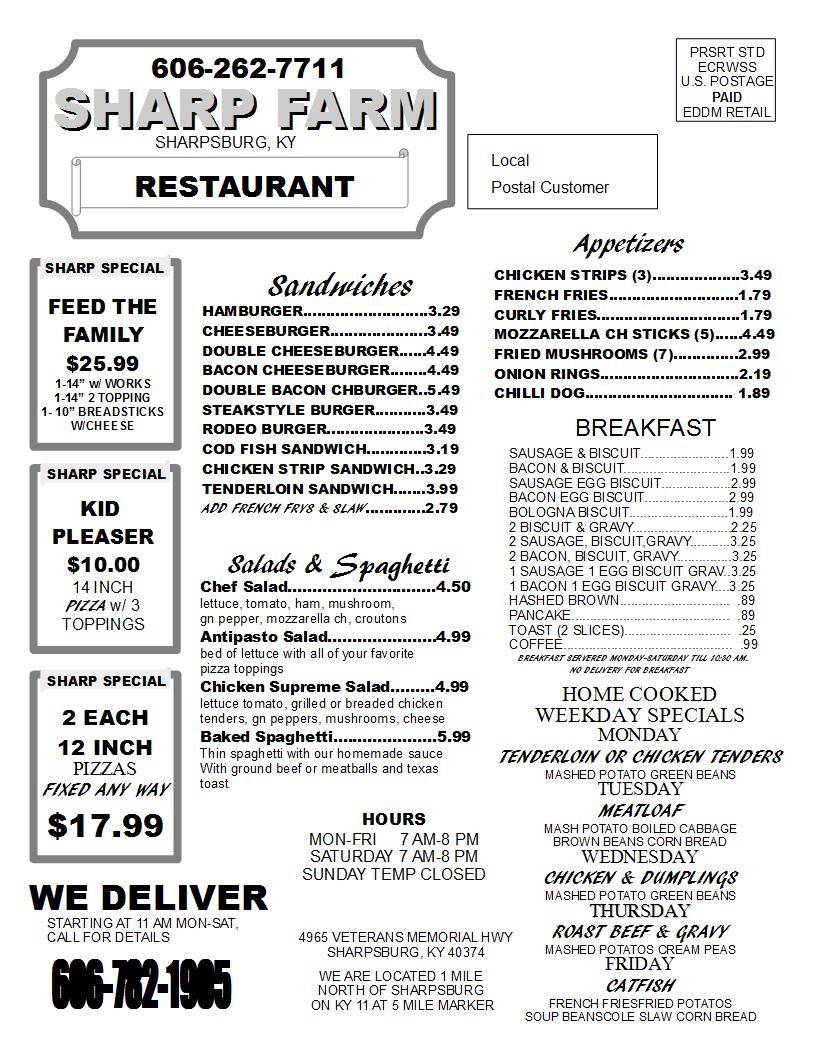 Sharp Farms Restaurant | restaurant | 4965 KY-11, Sharpsburg, KY 40374, USA | 6062627711 OR +1 606-262-7711