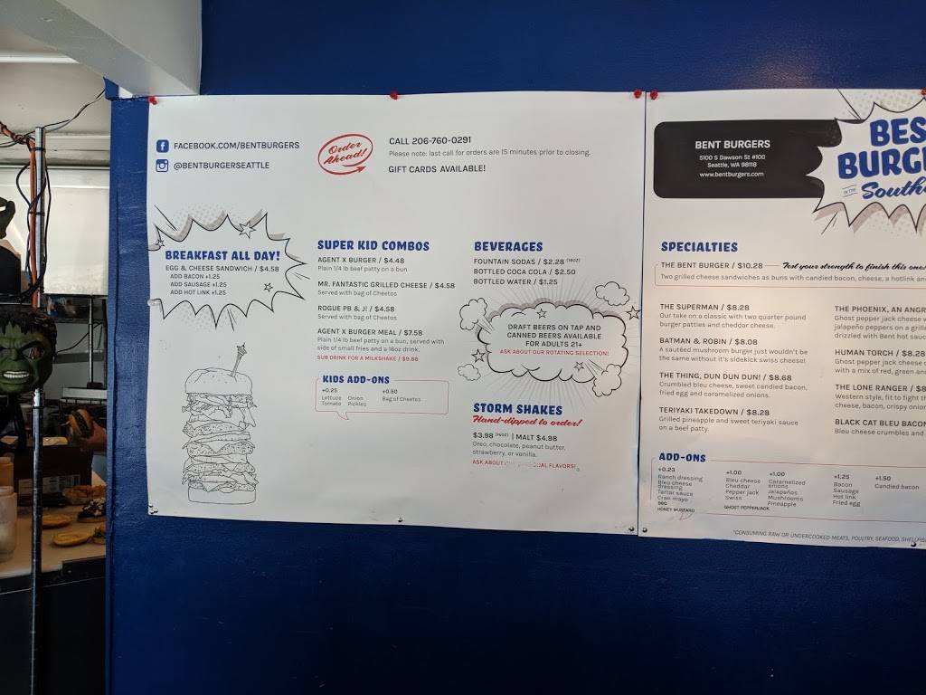 Bent Burgers | restaurant | 5100 S Dawson St, Seattle, WA 98118, USA | 2067600291 OR +1 206-760-0291