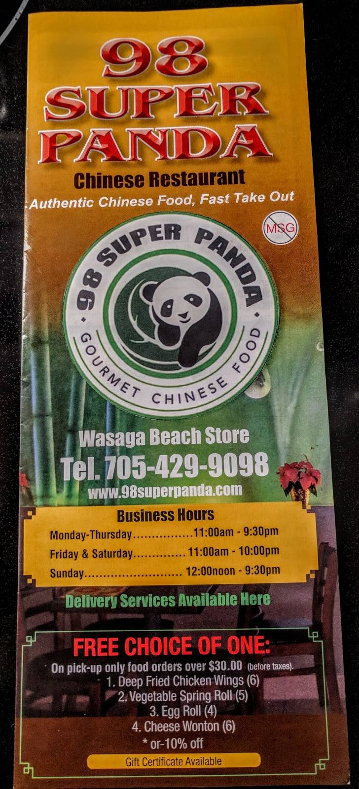 98 Super Panda Chinese Restaurant | restaurant | 30 45th St S, Wasaga Beach, ON L9Z 0A6, Canada | 7054299098 OR +1 705-429-9098