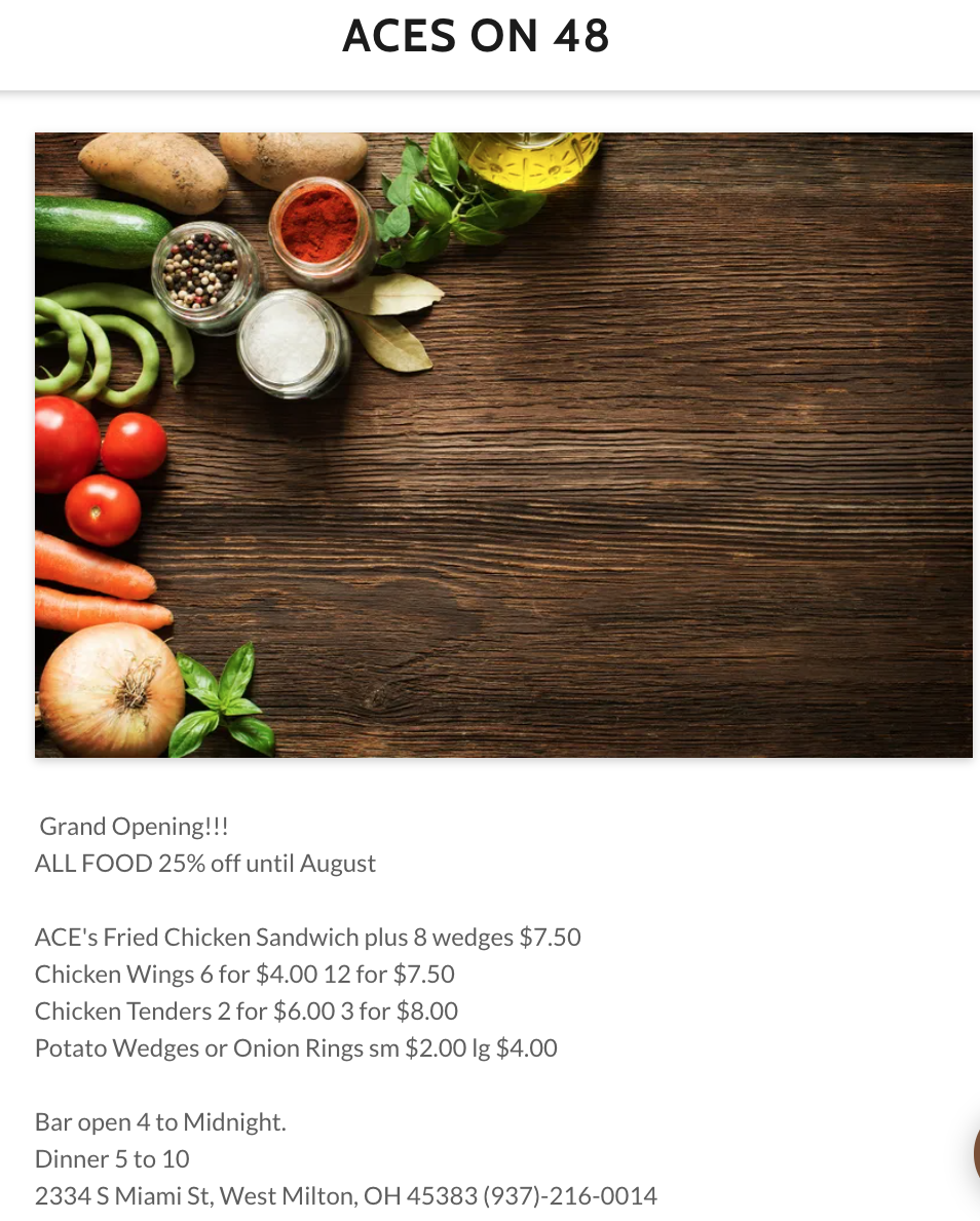 Aces on 48 | restaurant | 2334 S Miami St, West Milton, OH 45383, USA | 9372160014 OR +1 937-216-0014