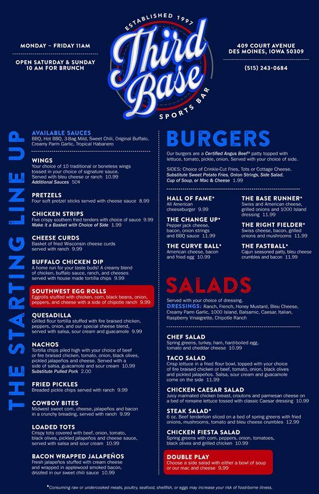 Third Base Sports Bar & Draught House | restaurant | 409 Court Ave, Des Moines, IA 50309, USA | 5152430684 OR +1 515-243-0684