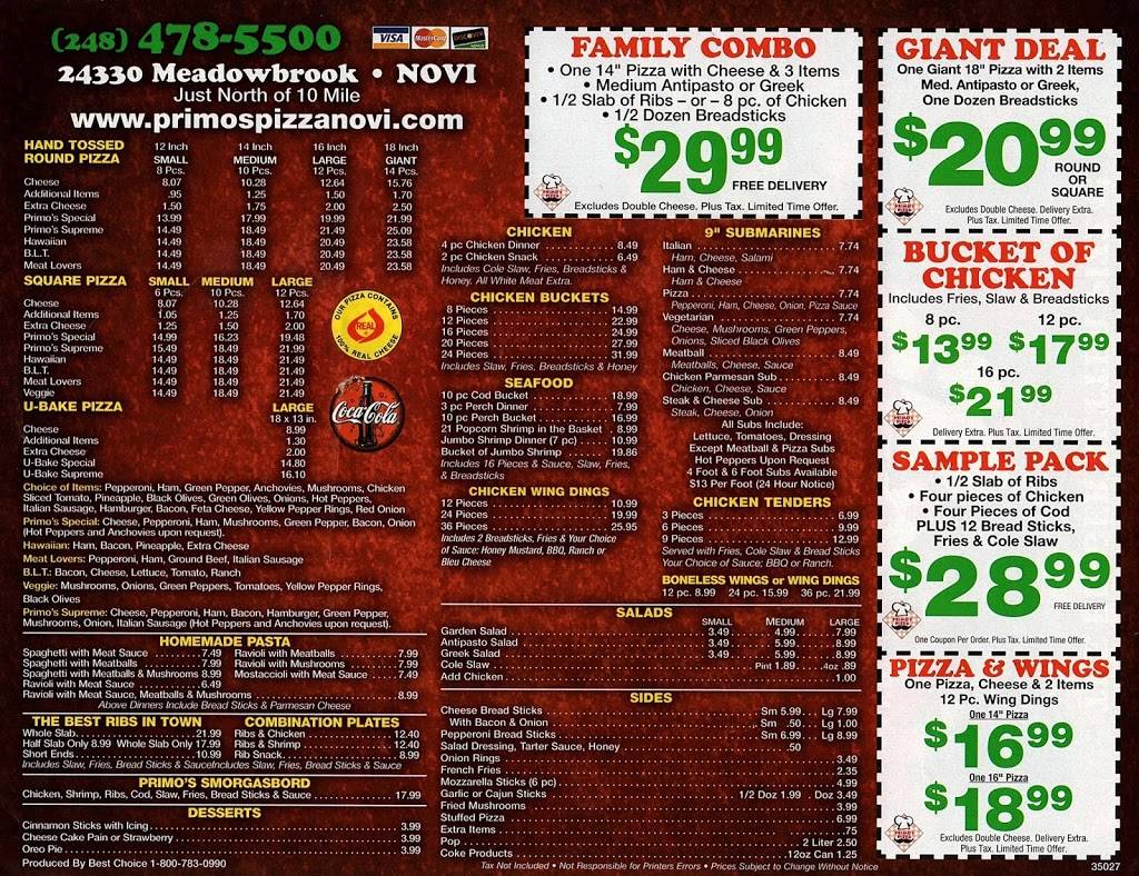 Primos Pizza | restaurant | 24330 Meadowbrook Rd, Novi, MI 48375, USA | 2484785500 OR +1 248-478-5500