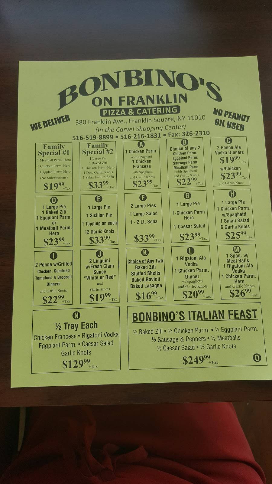 Bonbinos Pizzeria and Restaurant | restaurant | 380 Franklin Ave, Franklin Square, NY 11010, USA | 5165198899 OR +1 516-519-8899