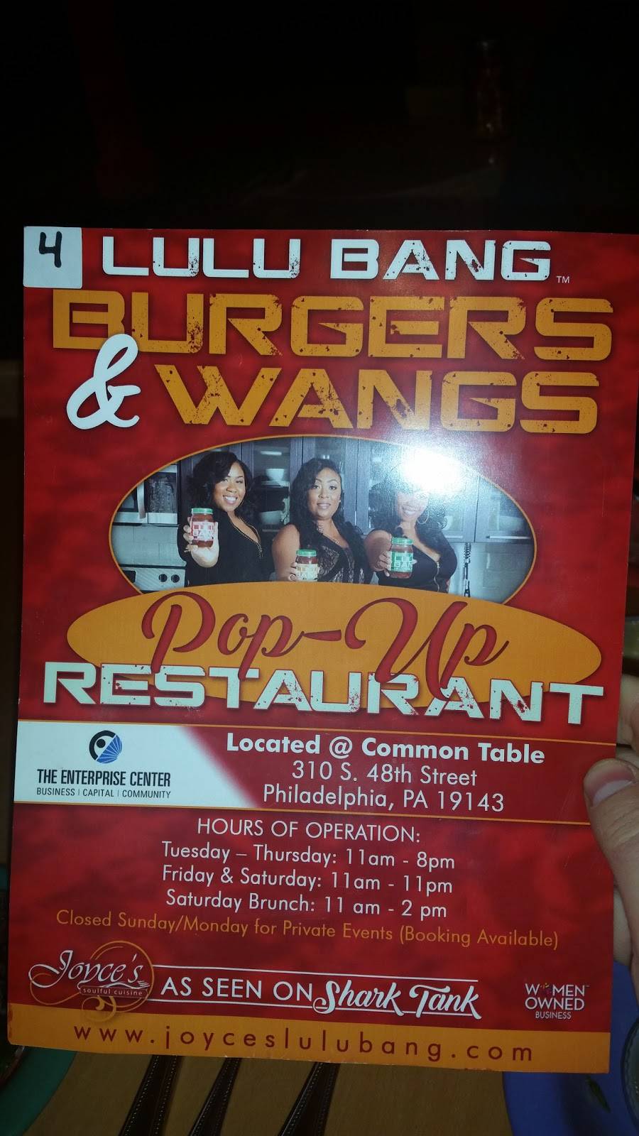 Joyces Lulu Bang Burgers & Wangs | restaurant | 310 S 48th St, Philadelphia, PA 19143, USA | 2674174008 OR +1 267-417-4008