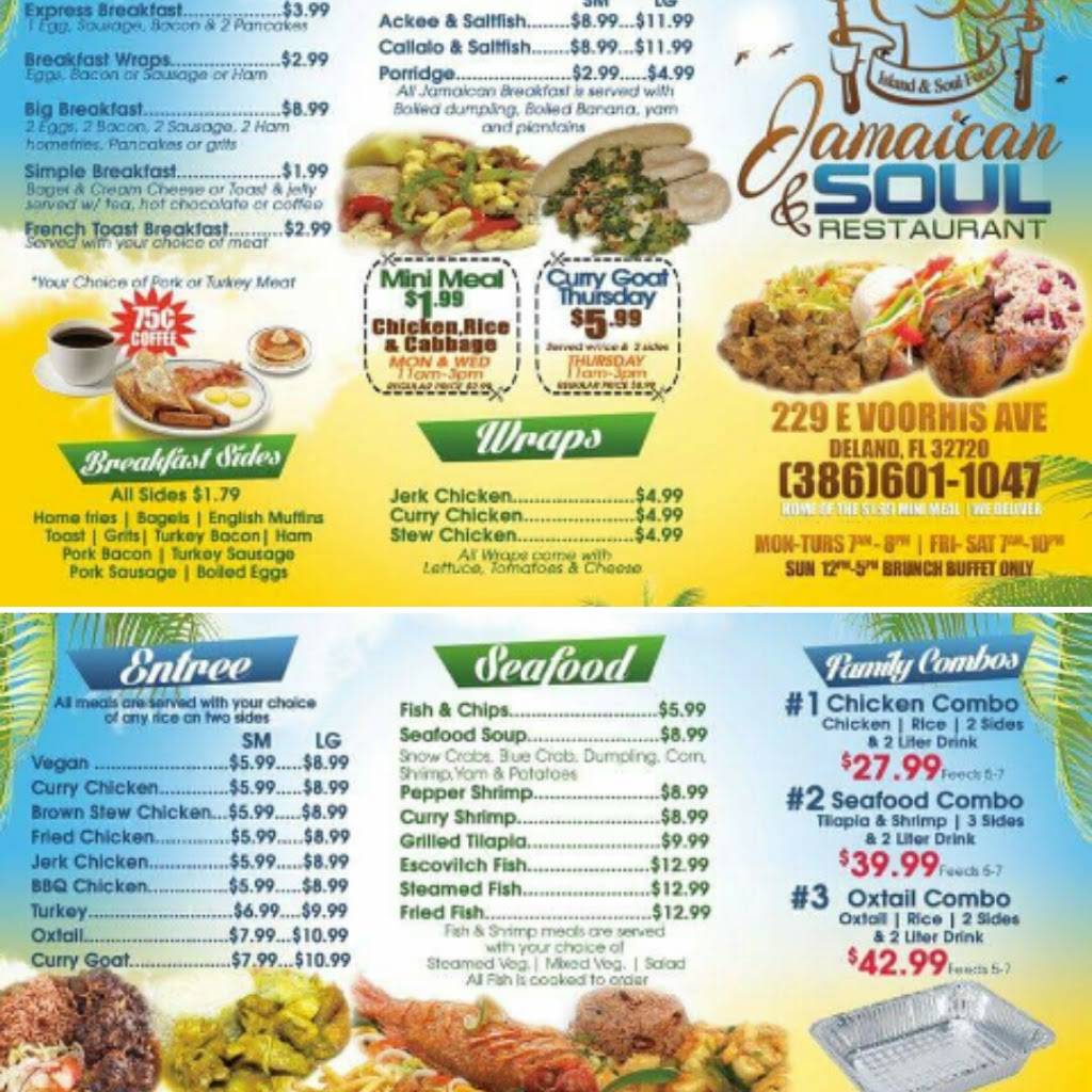 Jamaican and Soul Restaurant | restaurant | 229 E Voorhis Ave, DeLand, FL 32724, USA | 3866011047 OR +1 386-601-1047
