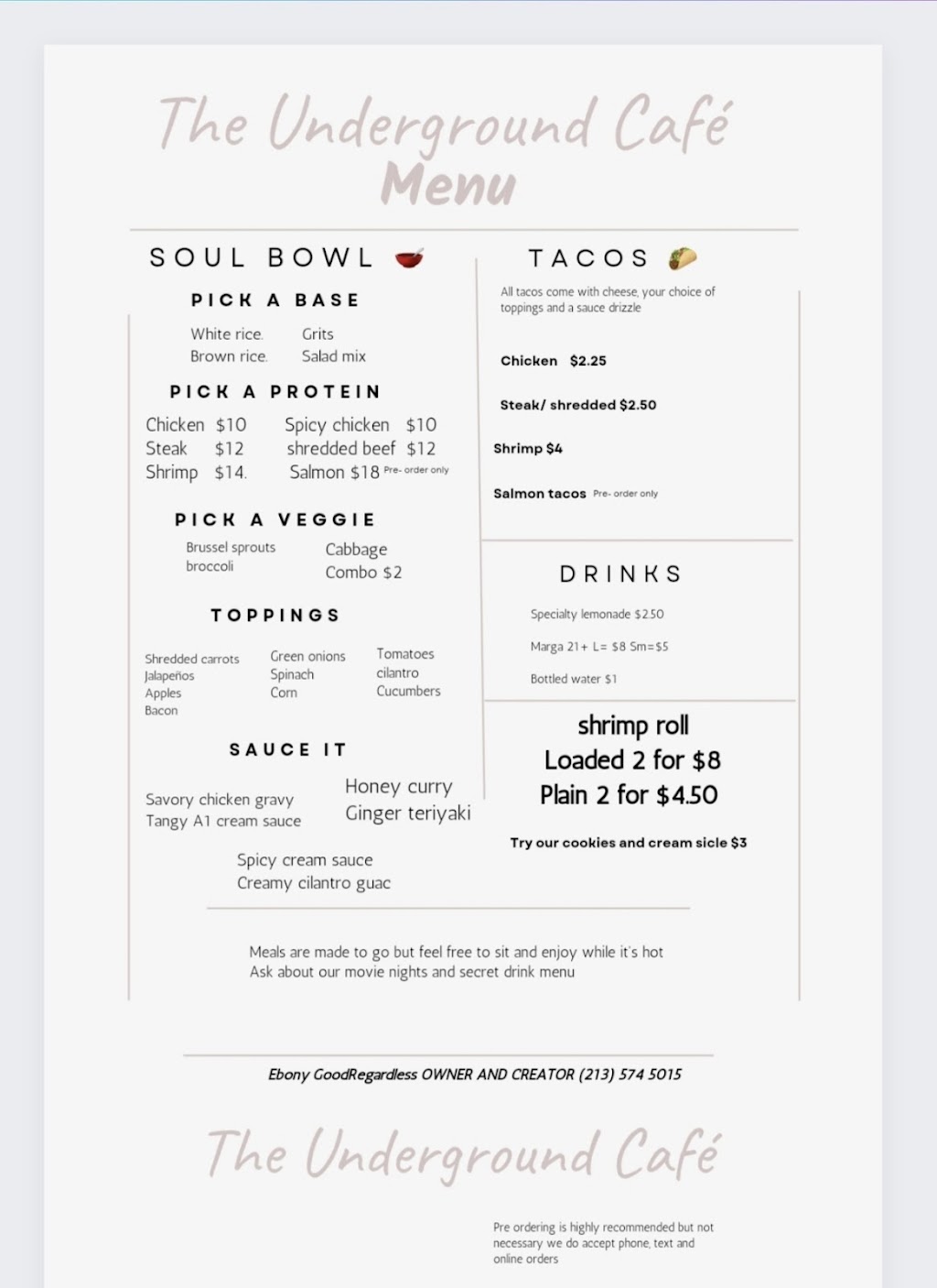 The Underground café | restaurant | 1917 W 95th St, Los Angeles, CA 90047, USA | 2135745015 OR +1 213-574-5015