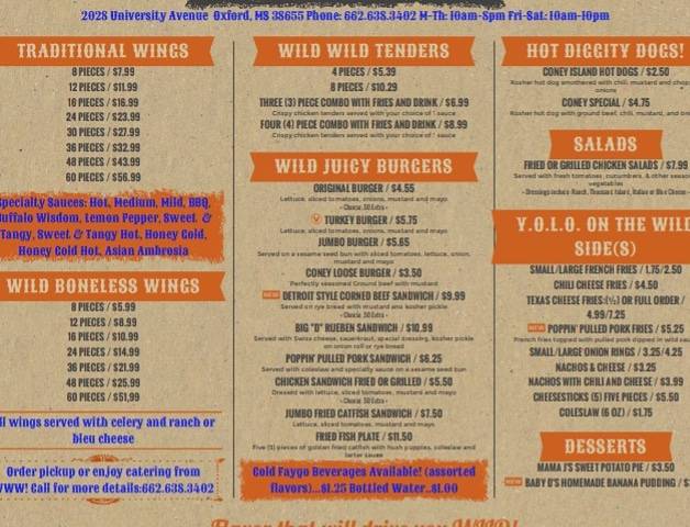 Wild Wild Wings and More | restaurant | 2028 University Ave, Oxford, MS 38655, USA | 6626383402 OR +1 662-638-3402