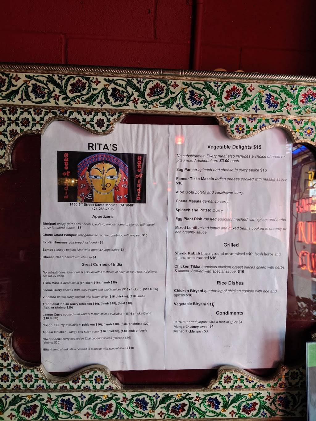 Ritas Gate Of India | restaurant | 1450 5th St, Santa Monica, CA 90401, USA | 4242687196 OR +1 424-268-7196