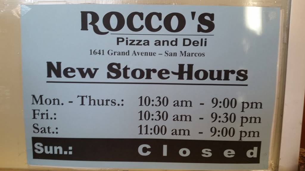 Roccos Pizza Deli | restaurant | 1641 Grand Ave, San Marcos, CA 92078, USA | 7607448012 OR +1 760-744-8012