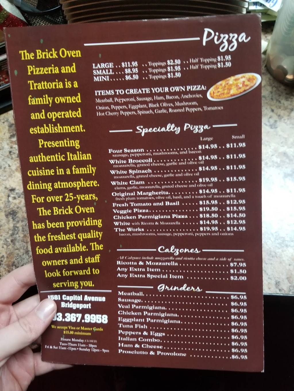 Brick Oven Pizza | restaurant | 1581 Capitol Ave, Bridgeport, CT 06604, USA | 2033679958 OR +1 203-367-9958