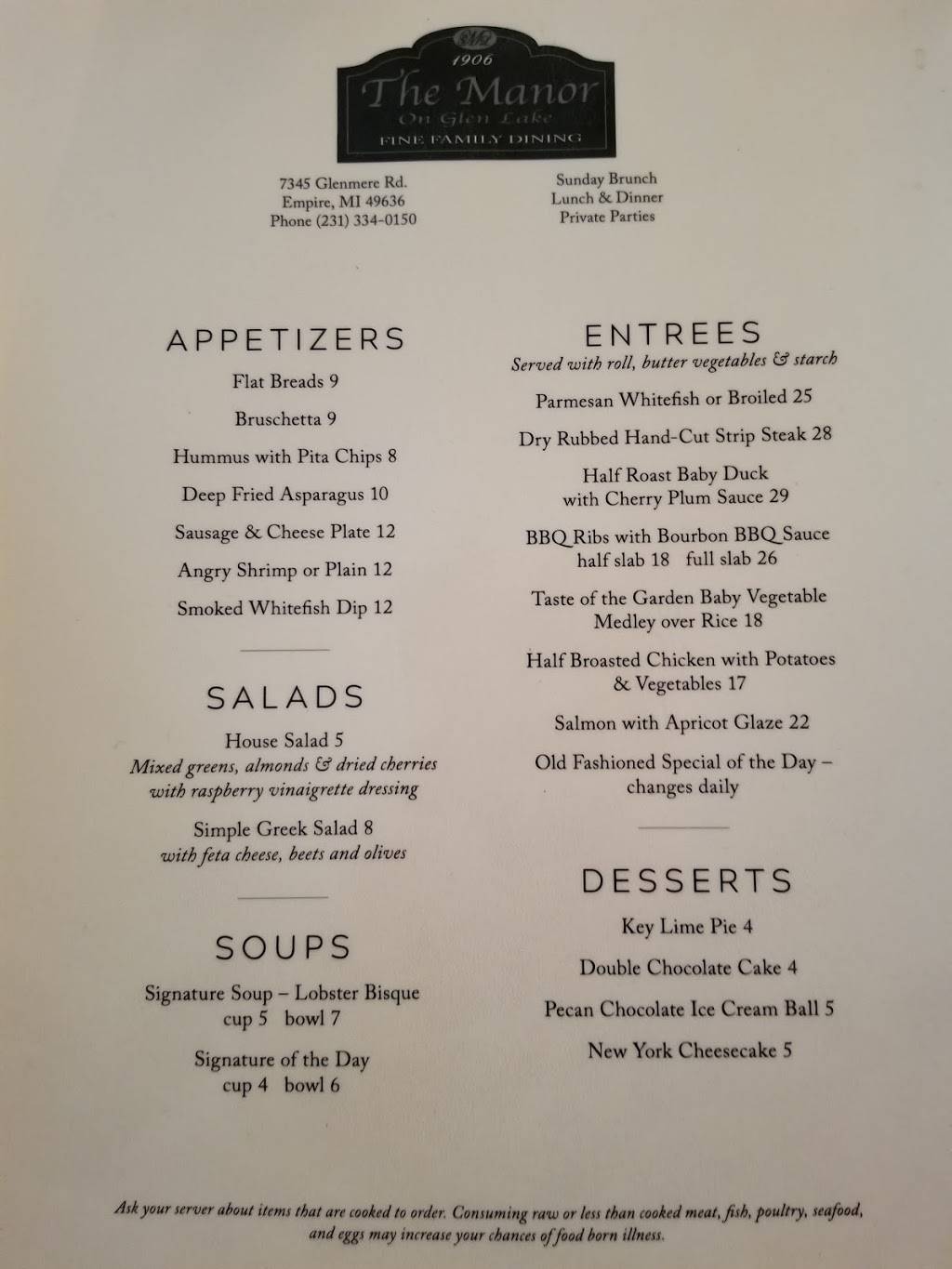 The Manor On Glen Lake | restaurant | 7345 W Glenmere Rd, Empire, MI 49630, USA | 2313340150 OR +1 231-334-0150