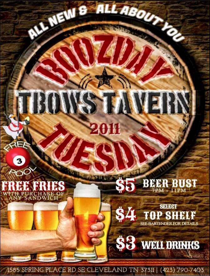 TBOWS TAVERN | restaurant | 1585 Spring Place Rd SE, Cleveland, TN 37311, USA | 4237907403 OR +1 423-790-7403