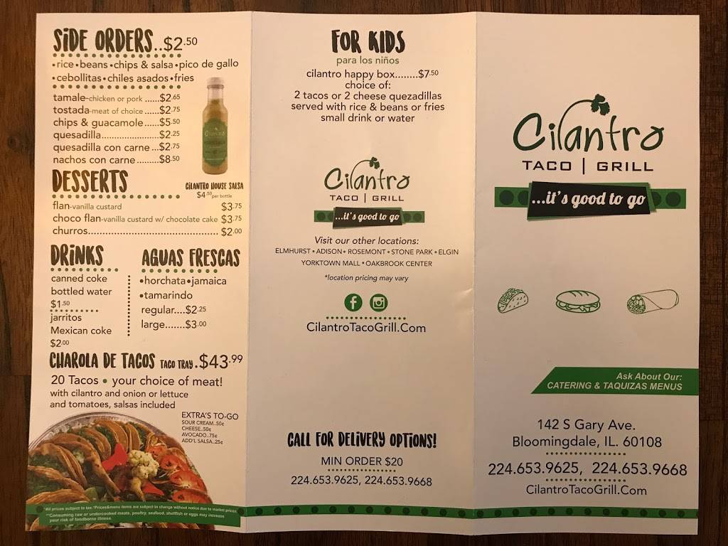 Cilantro Taco Grill | restaurant | 142 S Gary Ave, Bloomingdale, IL 60108, USA | 2246539668 OR +1 224-653-9668