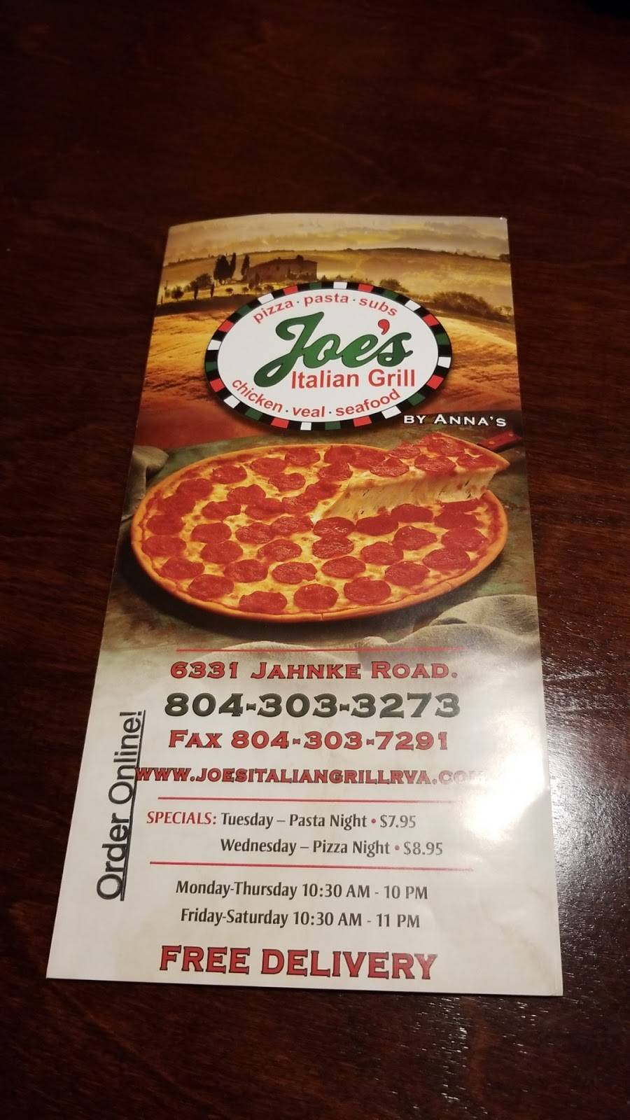 Joes Italian Grill and Pizzeria | restaurant | 6331 Jahnke Rd, Richmond, VA 23225, USA | 8043033273 OR +1 804-303-3273