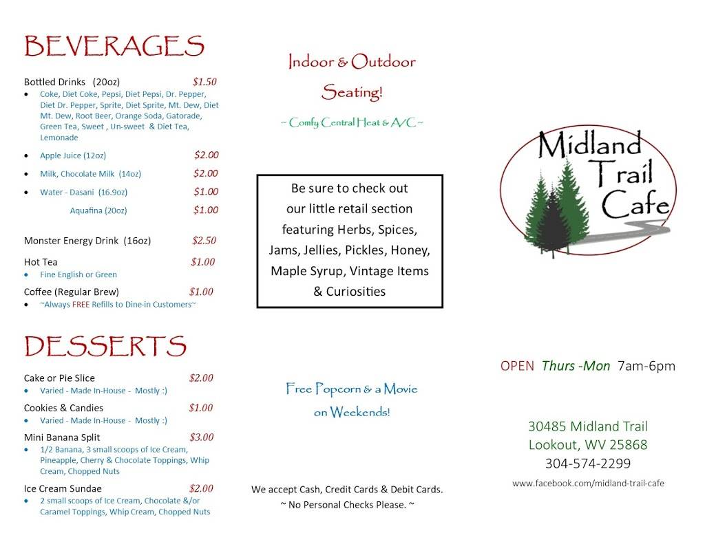 Midland Trail Cafe | restaurant | 30485 Midland Trail, Lookout, WV 25868, USA | 3045742299 OR +1 304-574-2299