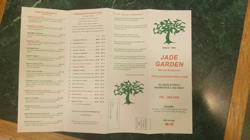 Jade Garden | restaurant | 162 Main St, Newmarket, NH 03857, USA | 6036597335 OR +1 603-659-7335