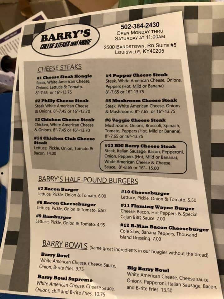 Barrys Cheese Steaks and More | restaurant | 2500 Bardstown Rd, Louisville, KY 40205, USA | 5023842430 OR +1 502-384-2430