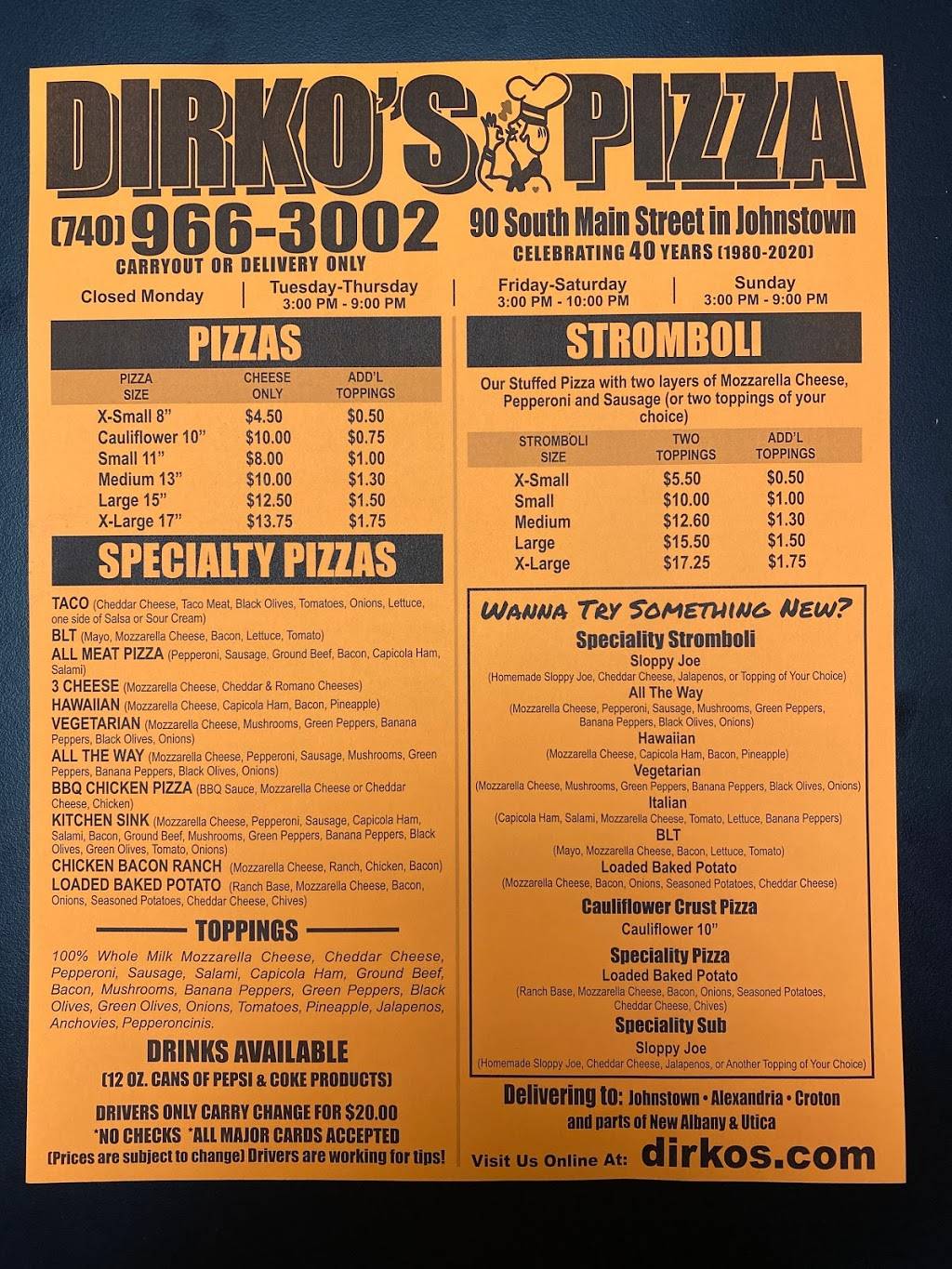 Dirkos Pizza Johnstown | restaurant | 90 S Main St, Johnstown, OH 43031, USA | 7409663002 OR +1 740-966-3002