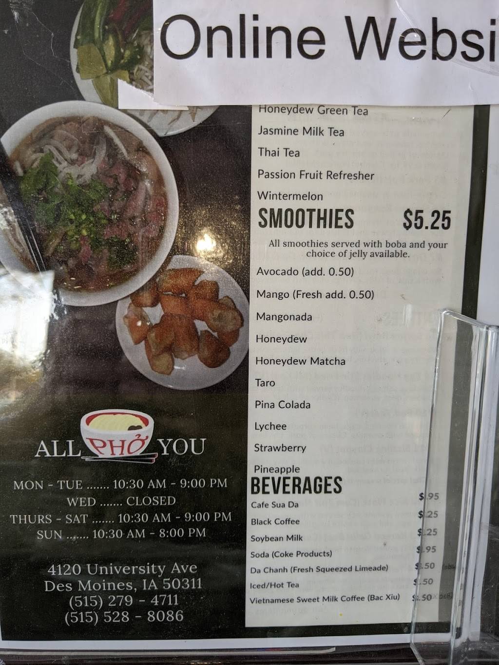 All Pho You | restaurant | 4120 University Ave, Des Moines, IA 50311, USA | 5152794711 OR +1 515-279-4711