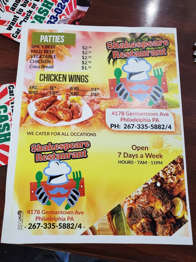 Shakespeare Restaurant | restaurant | 4178 Germantown Ave, Philadelphia, PA 19140, USA | 2673355884 OR +1 267-335-5884