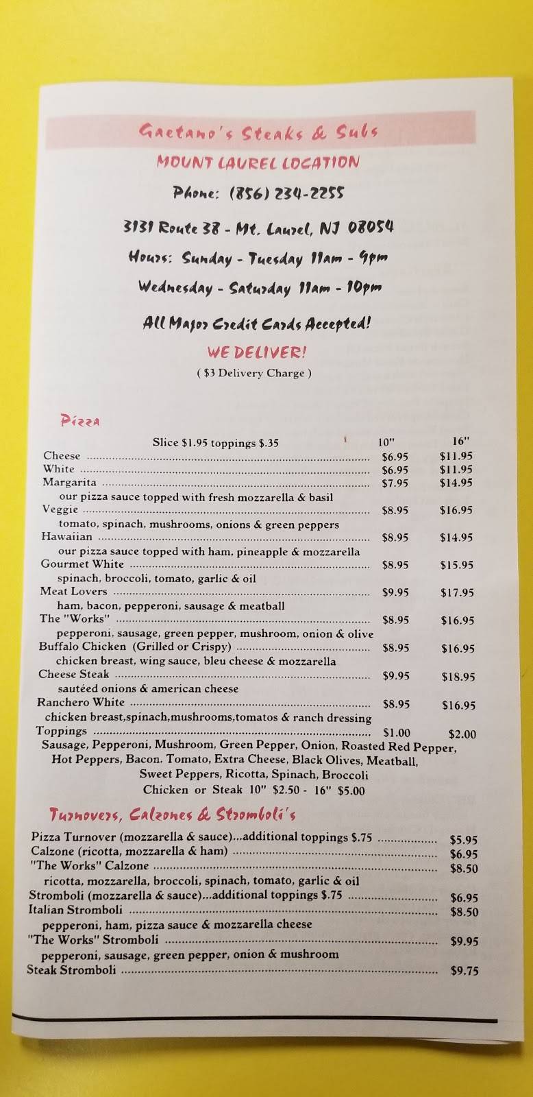 Gaetanos Steaks & Subs | restaurant | 3131 NJ-38, Mt Laurel, NJ 08054, USA | 8562342255 OR +1 856-234-2255