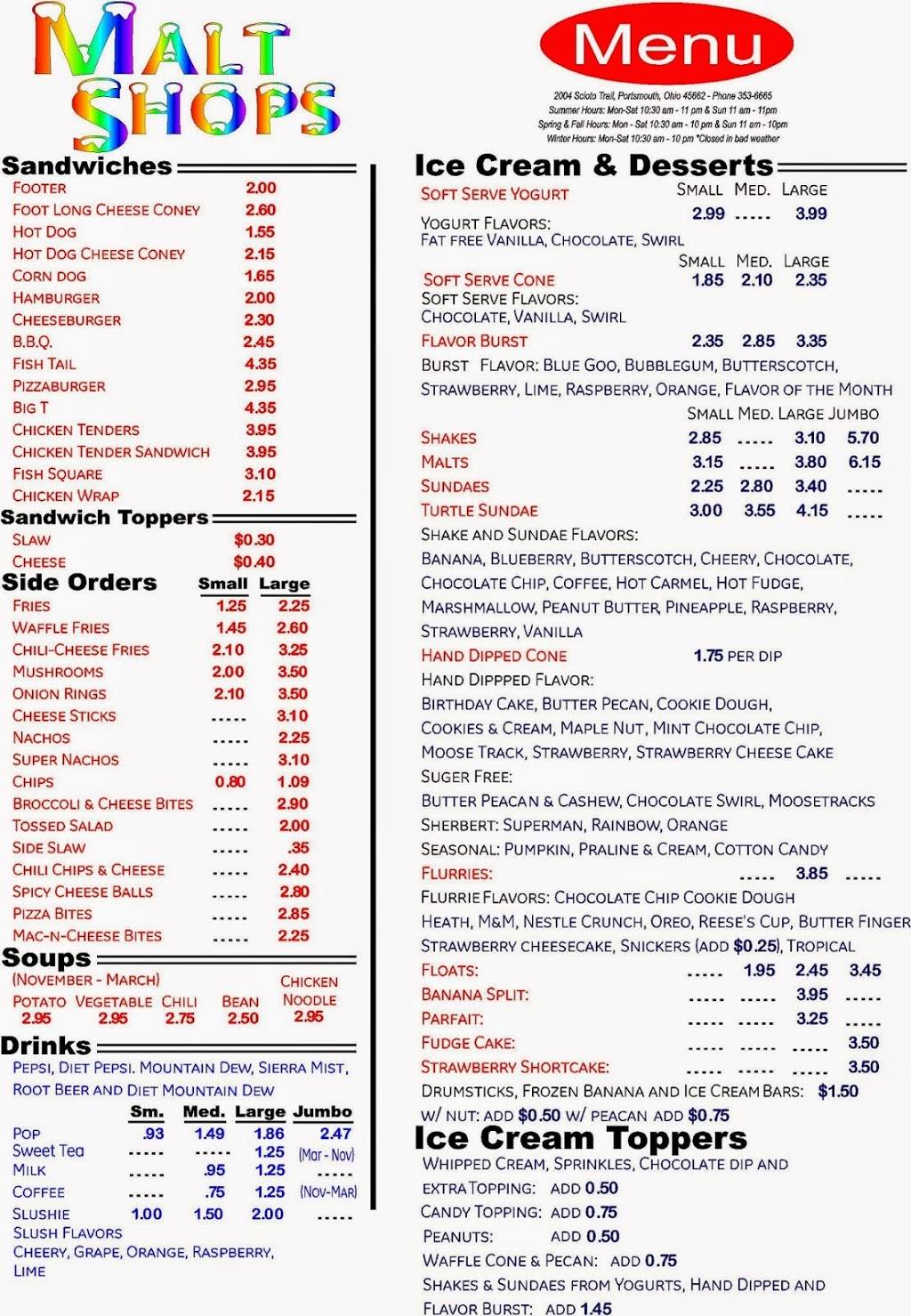 Malt Shops | restaurant | 2004 Scioto Trail, Portsmouth, OH 45662, USA | 7403536665 OR +1 740-353-6665