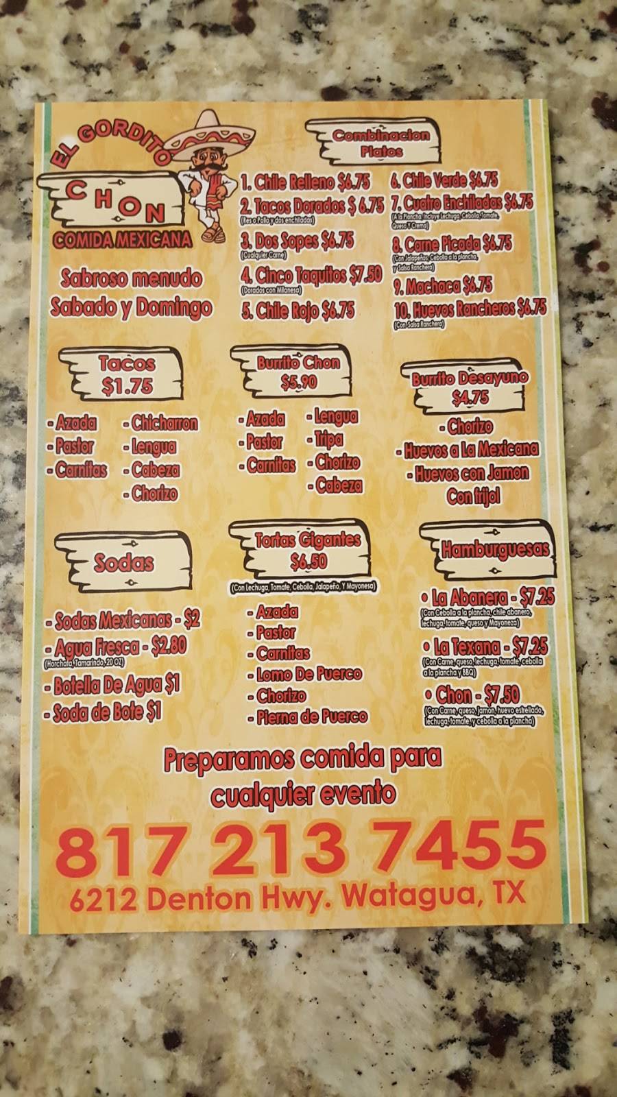 Tacos El Gordito Chon | restaurant | 6212 Denton Hwy, Watauga, TX 76148, USA | 6822033726 OR +1 682-203-3726